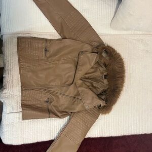 Fashion Nova Brown Leather Jacket with Faux Fur Collar